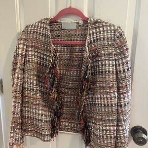 Classic Tweed Silver Metallic Frayed Edges Trim Fitted Open Jacket